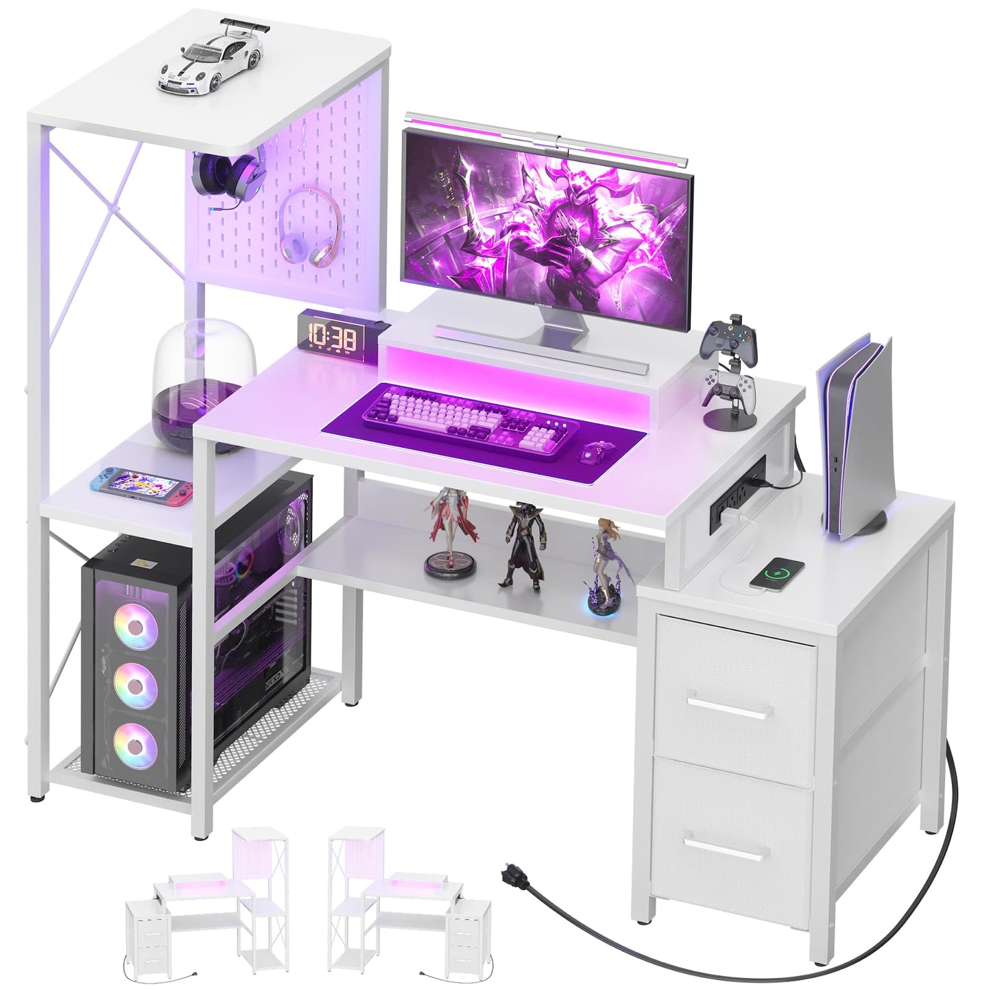 Small Gaming Desk with 2 Fabric Drawers - Reversible Computer Desk with Power Outlet & LED Lights, 49" Office Desk with Monitor Stand & Storage Shelves, Writing Study Table with Pegboard, White