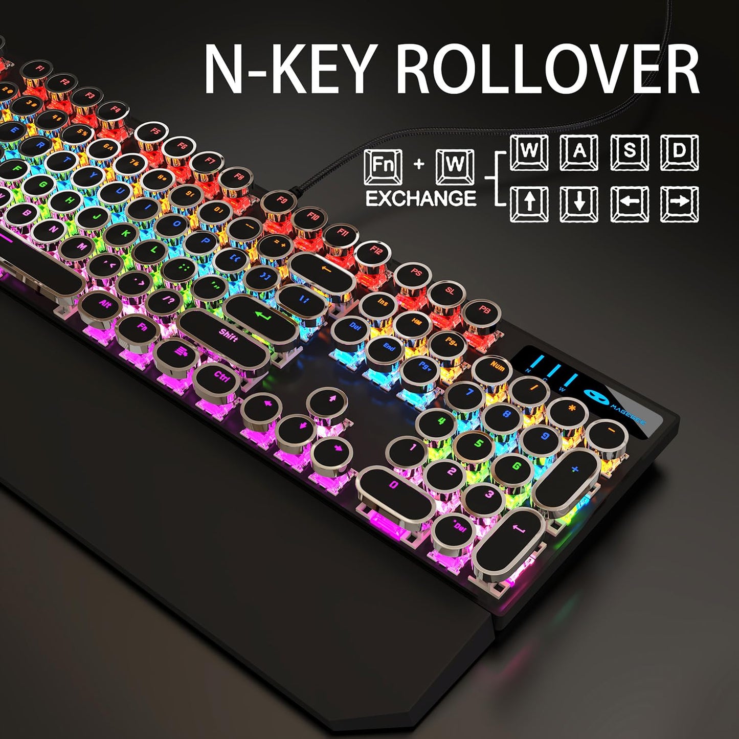 Camiysn Typewriter Style Mechanical Gaming Keyboard, Black Retro Punk Gaming Keyboard with RGB Backlit, 104 Keys Blue Switch Wired Cute Keyboard, Round Keycaps for Windows/Mac/PC