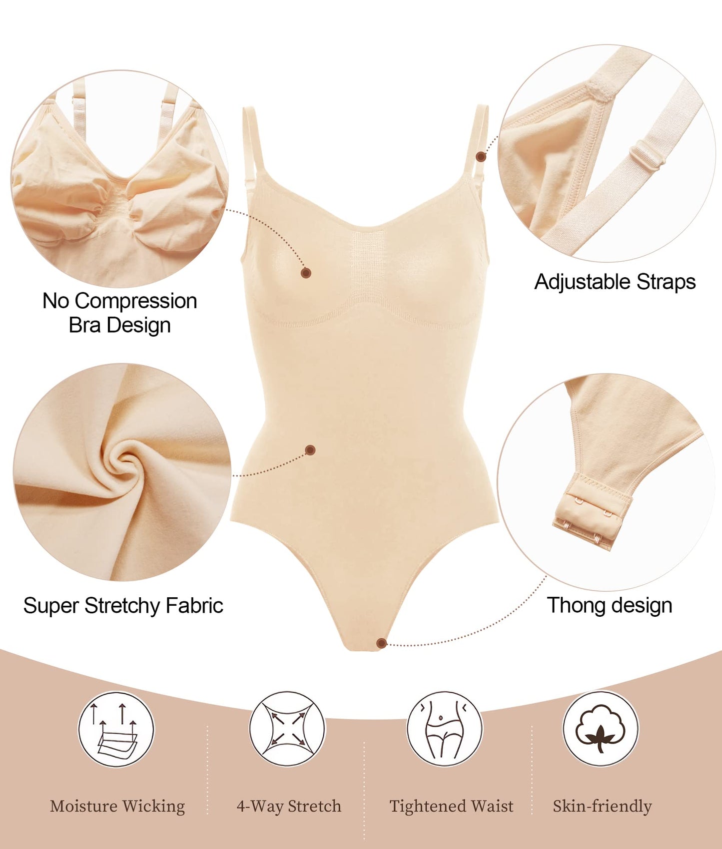 SHAPERX Women's Shapewear Bodysuit Tummy Control Body Shaper Seamless Sculpting Snatched Waist Body Suit，SZ5215-Beige-L/XL