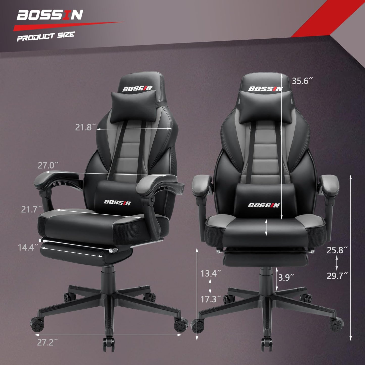 BOSSIN Gaming Chair with Massage, Ergonomic Heavy Duty Design with Footrest and Lumbar Support, Large Size Cushion High Back Office Chair, Big and Tall Gaming Computer Chair for Kids