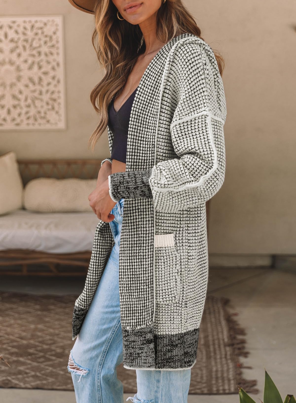 Sidefeel Cardigan Sweaters for Women Oversized Plaid Loose Fit Hooded Open Front Sweater 2024 Trendy Gray Large