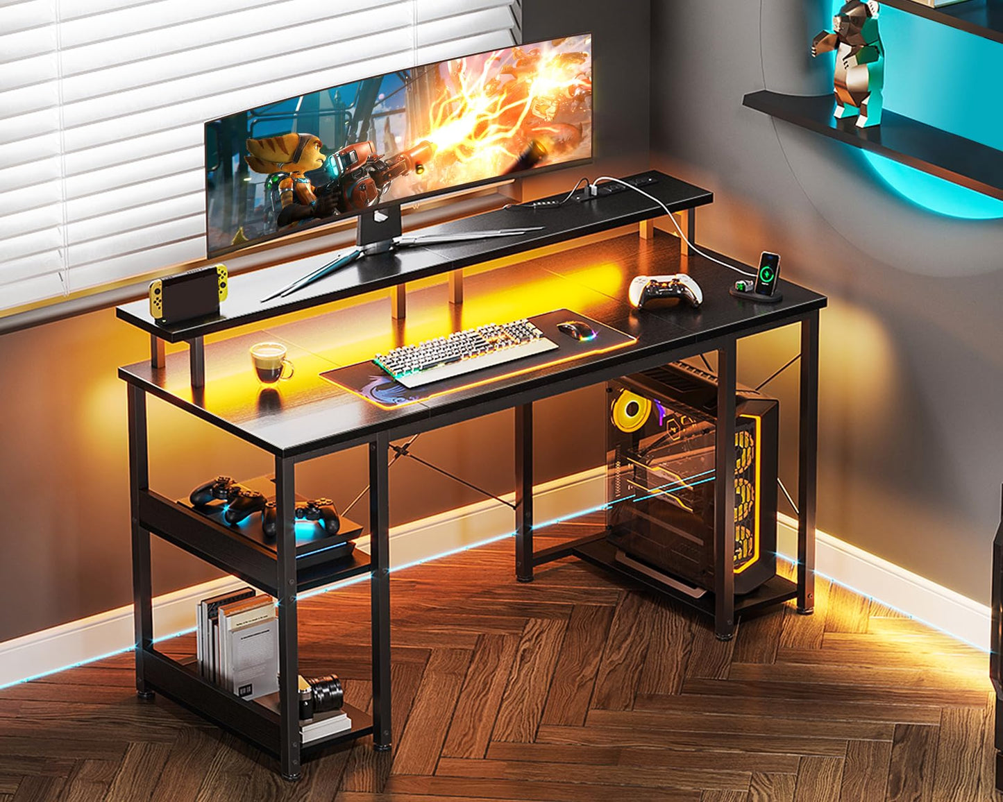 ODK 48 inch Gaming Desk with LED Lights & Power Outlets, Computer Desk with Monitor Stand & Storage Sheves, CPU Stand, Home Office Desk, Black