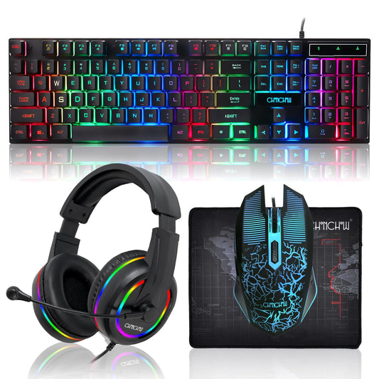 Gaming LED Keyboard Mouse Headset and Mousepad Bundle, CHONCHOW Wired Rainbow LED Light Up Gaming Keyboard Mouse Headset, Value 4 in 1 Gaming Set for Xbox PS4 PS5 PC Laptop Gamer