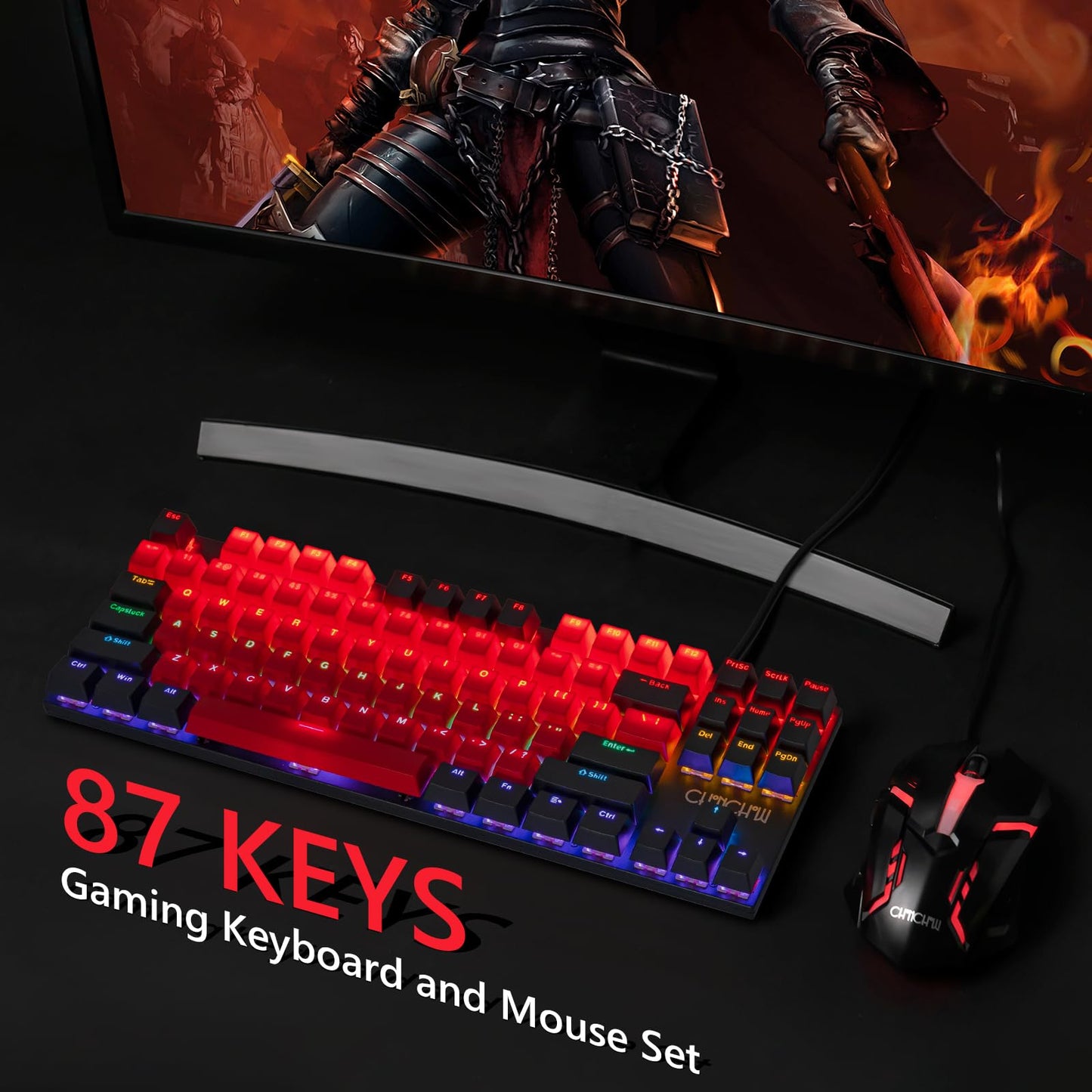 CHONCHOW 75% Mechanical Gaming Keyboard and Mouse Combo, 87 Keys TKL, LED Backlit, Blue Switch, Hot Swappable Mechanical Keyboard, RGB Mouse 1200-4200 DPI for Ps4 Xbox PC Laptop Mac Windows, Black-Red