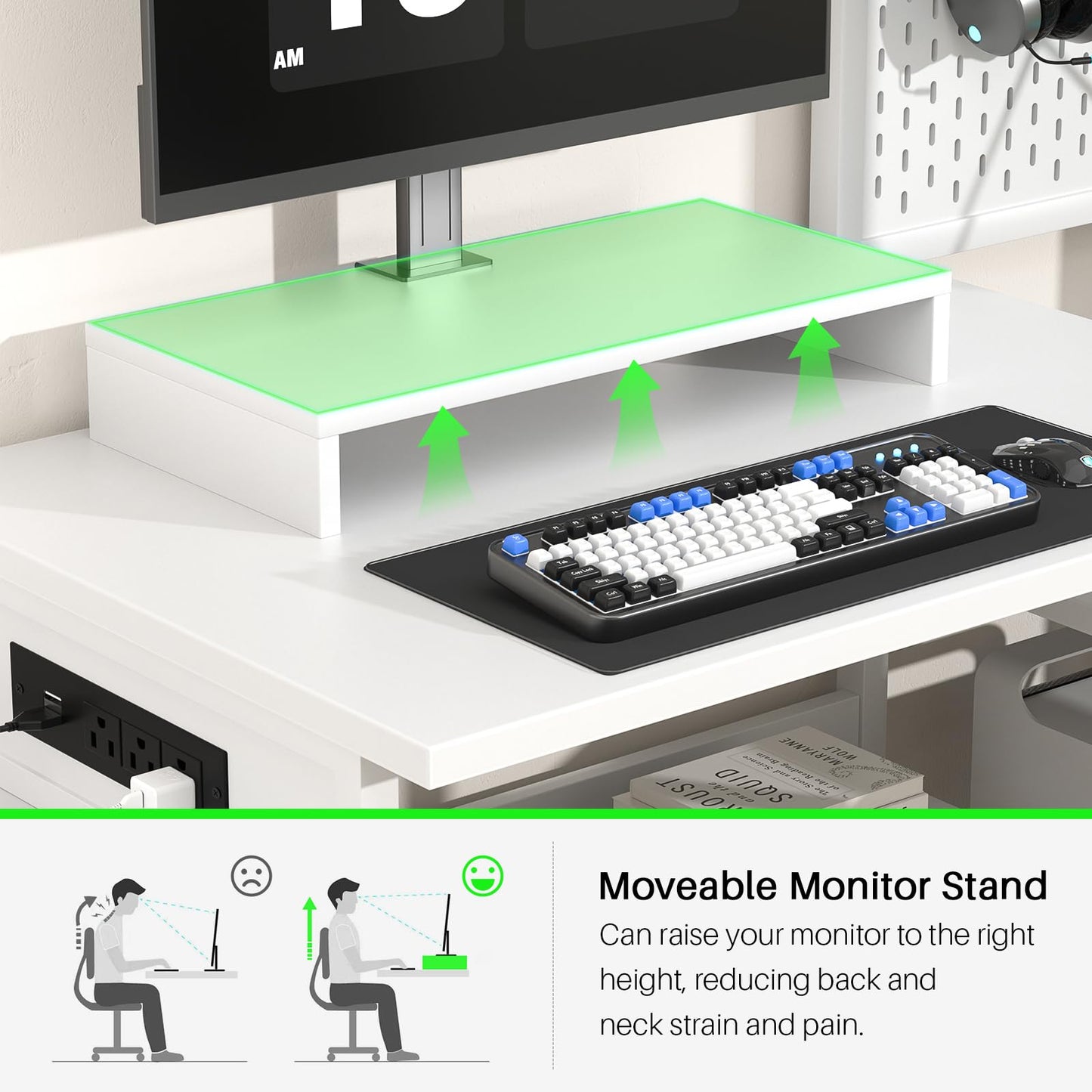 Small Gaming Desk with 2 Fabric Drawers - Reversible Computer Desk with Power Outlet & LED Lights, 49" Office Desk with Monitor Stand & Storage Shelves, Writing Study Table with Pegboard, White