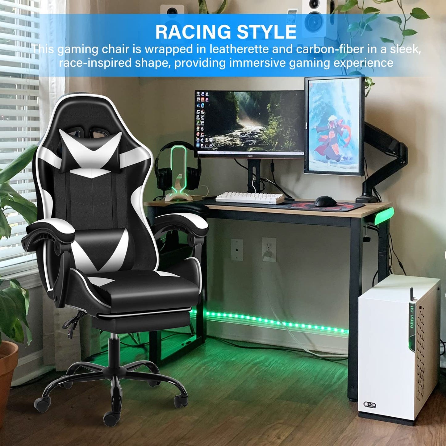 YSSOA Gaming Chair with Footrest, Big and Tall Gamer Chair, Racing Style Adjustable Swivel Office Chair, Ergonomic Video Game Chairs with Headrest and Lumbar Support