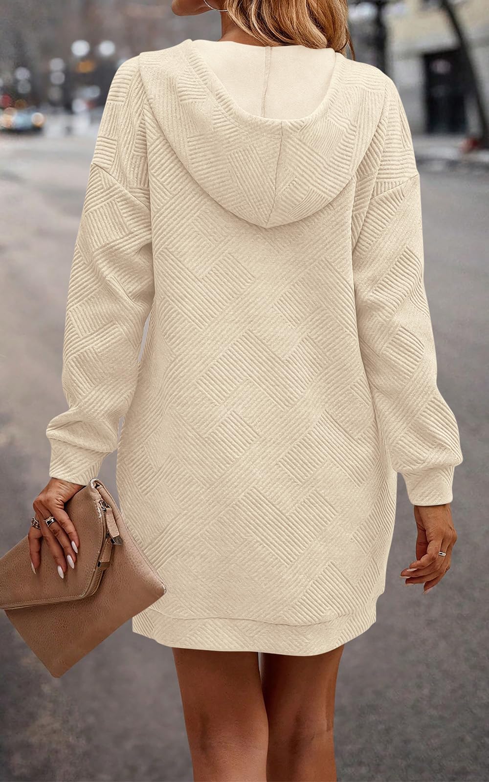 PRETTYGARDEN Long Sleeve Hoodies Dress 2024 Fall Trendy Texture Sweatshirts Outfits Button Hooded Dresses with Pockets (Beige,M)