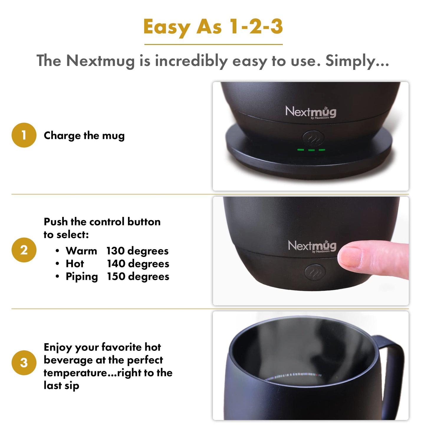 Nextmug - Temperature-Controlled, Self-Heating Coffee Mug (Black - 14 oz.)