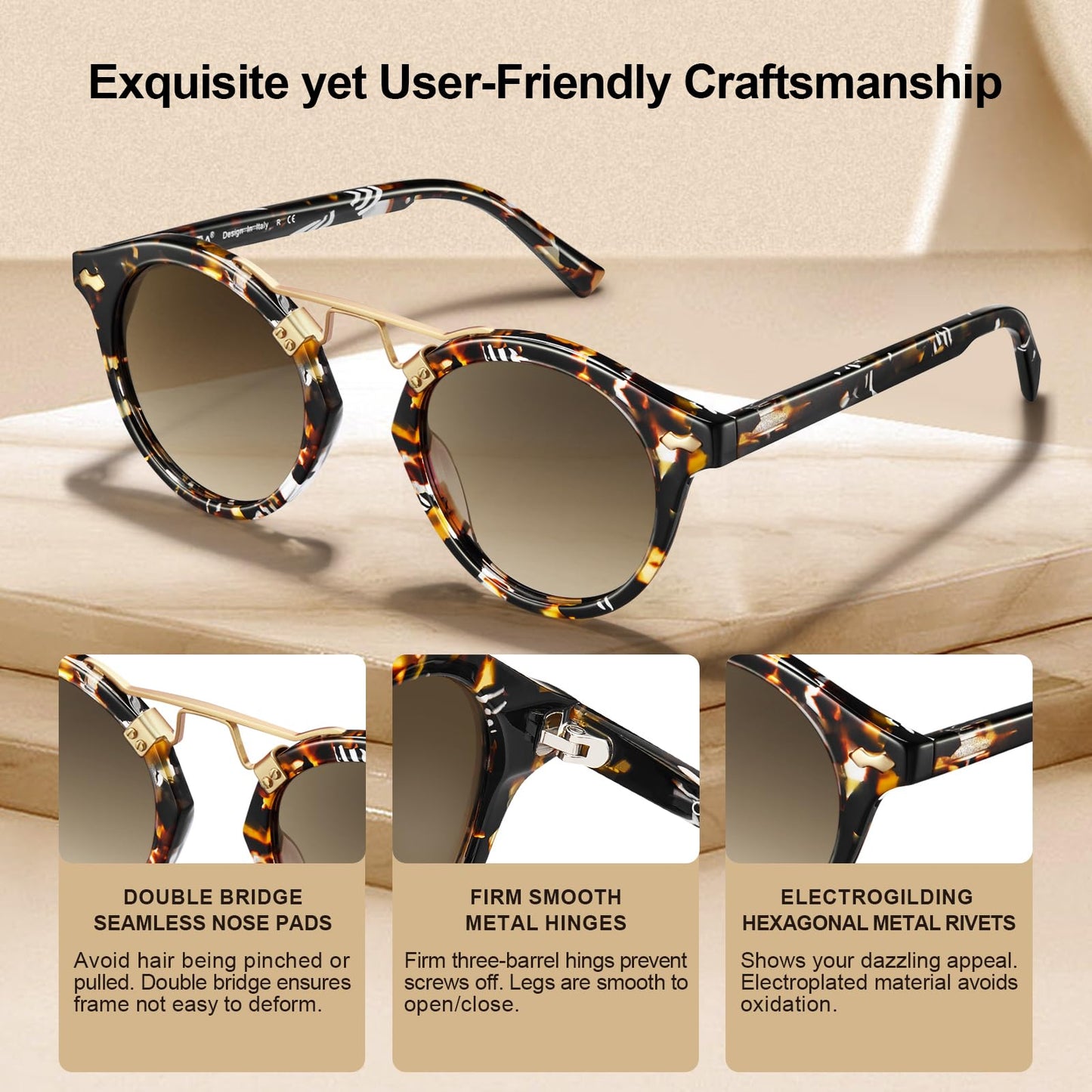 CARFIA Double Bridge Small Brown Acetate Sunglasses for Women Polarized, Retro Metal Brow Lady Sunnies Fashion Round Eyewears