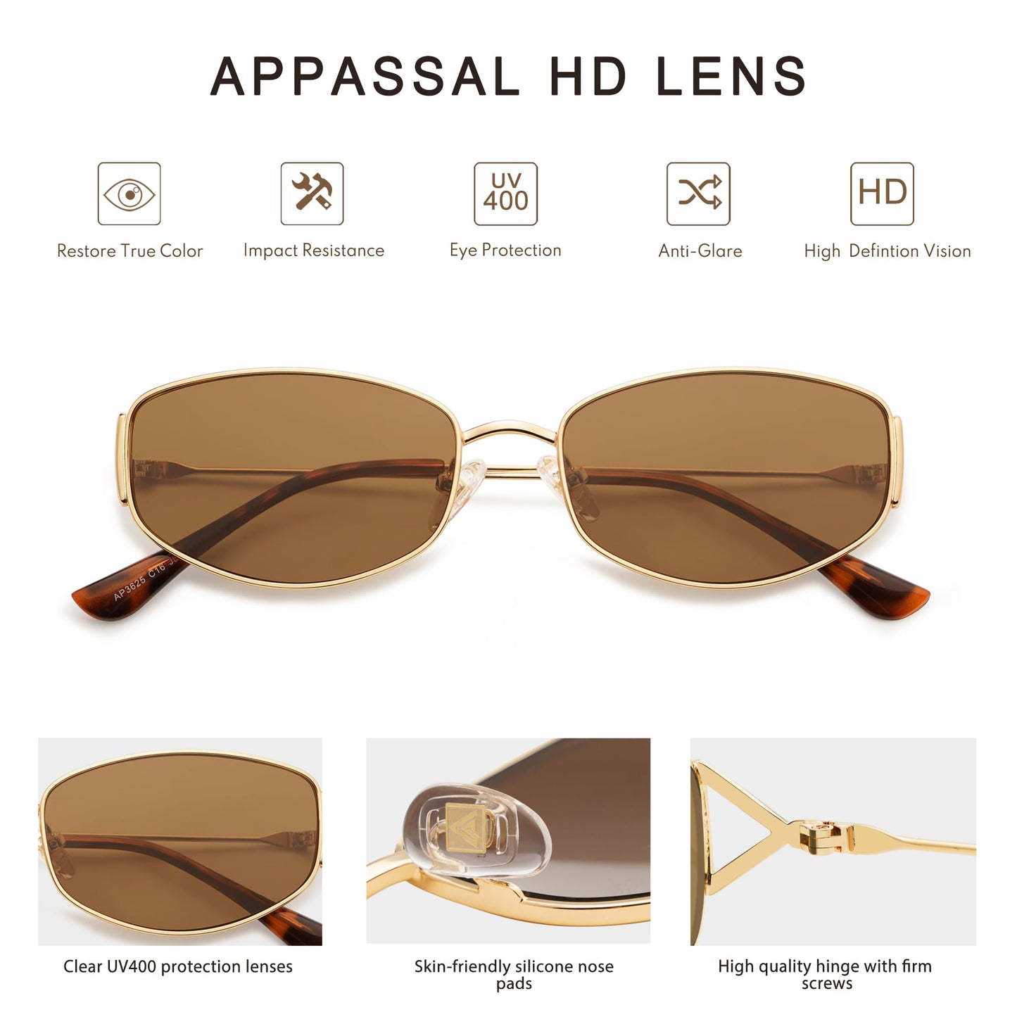 Appassal Retro Oval Sunglasses For Women Men Hexagonal Rectangle Metal Frame Sun Glasses AP3625,Gold/Brown