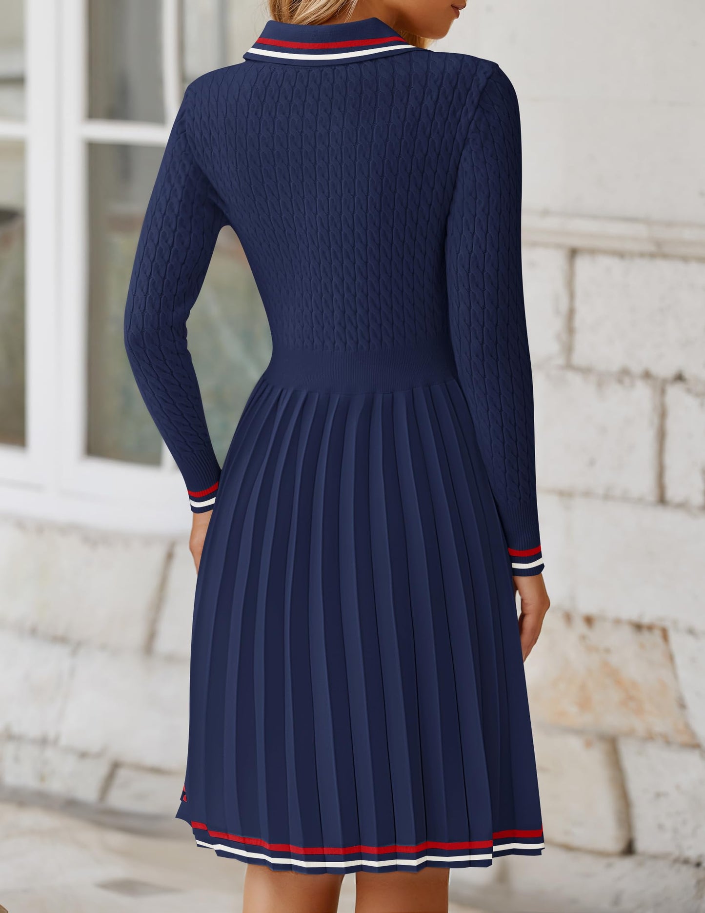 ZESICA Women's Midi Sweater Dress 2024 Fall Long Sleeve Cable Ribbed Knit A Line Swing Pleated Dresses,Royal Blue,Medium