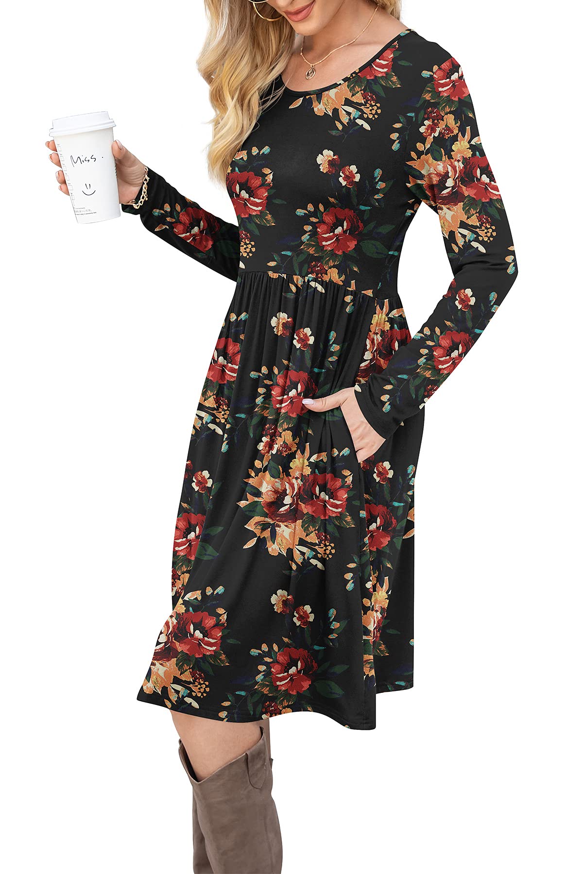 DB MOON Women Casual Long Sleeve Dresses Empire Waist Loose Dress with Pockets (Brown Floral Black, M)