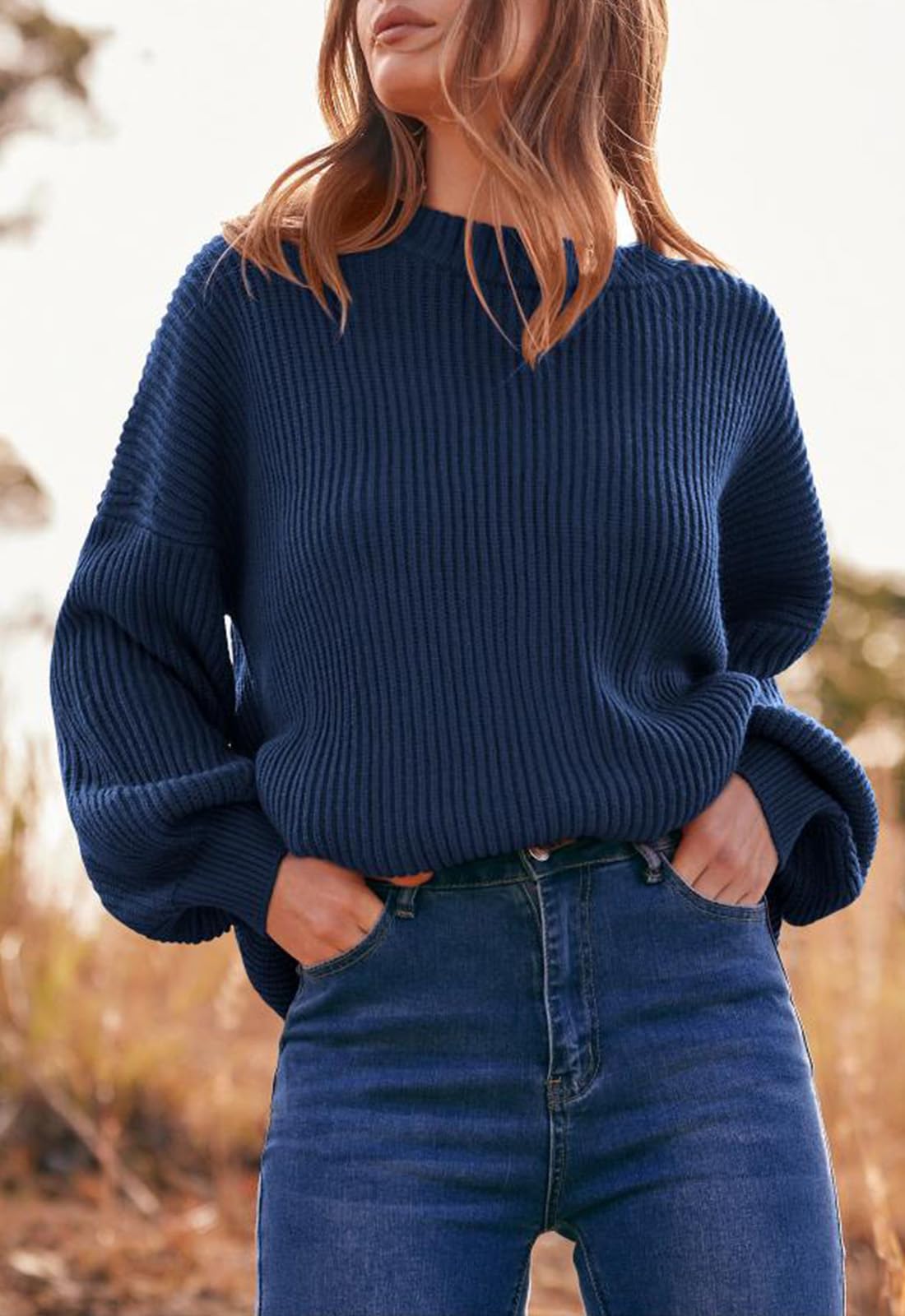 PRETTYGARDEN Womens Sweaters Fall 2023 Oversized Chunky Knitted Pullover Sweater Casual Long Sleeve Crewneck Cute Sweaters (Navy,Large)