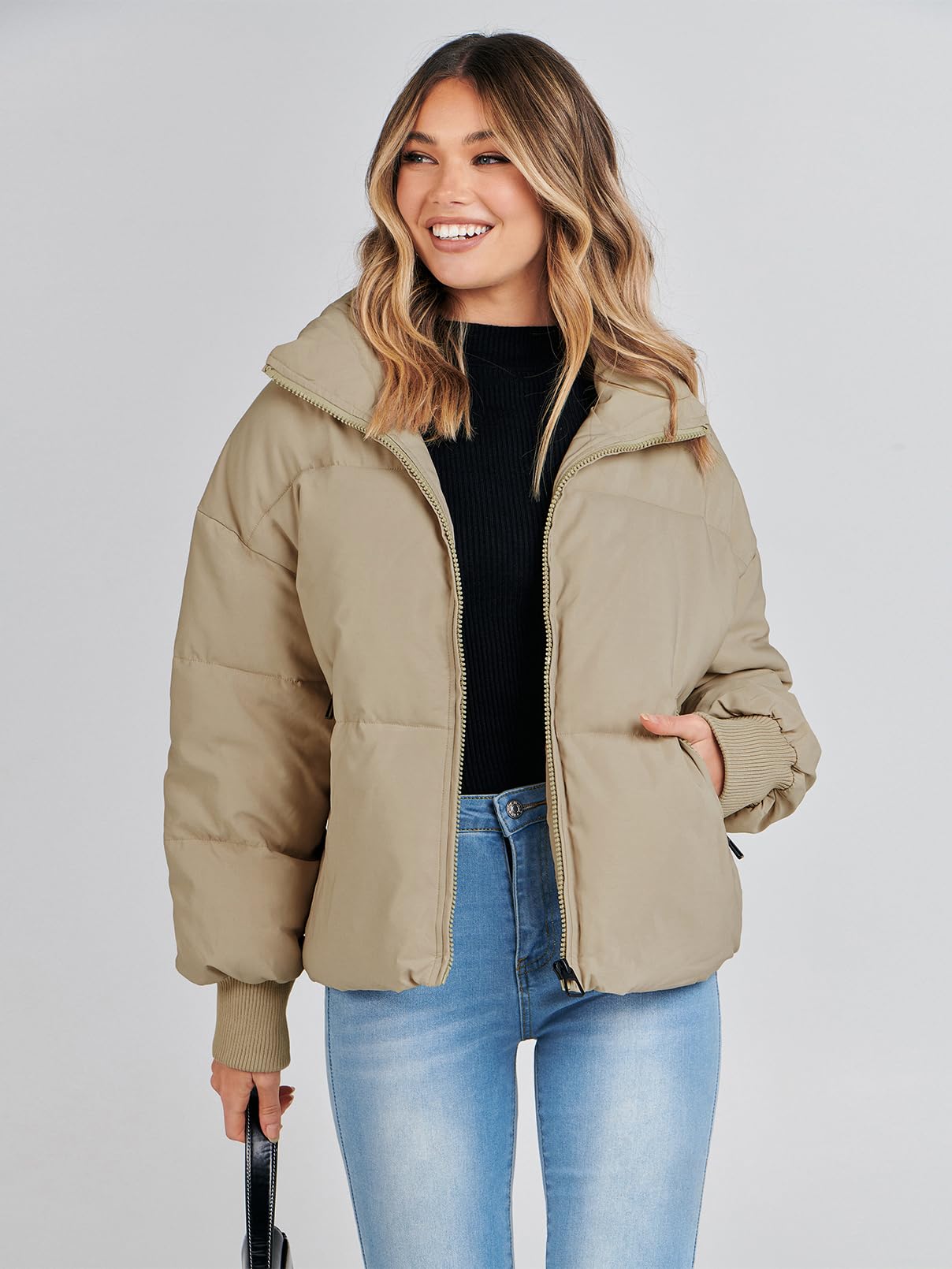 MEROKEETY Women's 2024 Winter Long Sleeve Zip Puffer Jacket Pockets Baggy Short Down Coats, Khaki, S