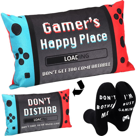 Gamer Dad Gifts, Gamer Gifts for Teen Boys, Gaming Room Decor, Gaming Gifts for Men Boyfriends, Gamer Socks + Throw Pillow Covers 20x12 Inch