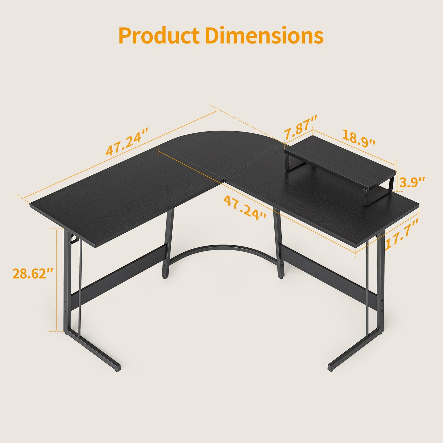 CubiCubi L Shaped Gaming Desk Computer Office Desk, 47 inch Corner Desk with Large Monitor Stand for Home Office Study Writing Workstation, Black