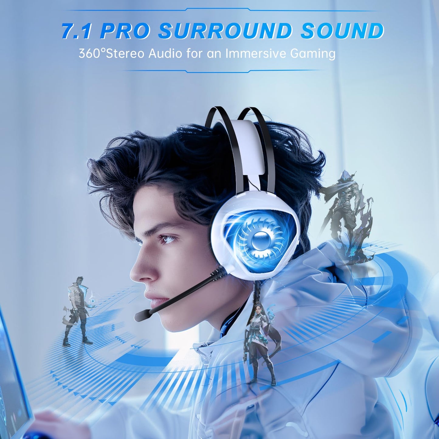 syndesmos Gaming Headsets for PS5, PS4, Xbox Series X/S, Xbox One, PC, with 7.1 Surround Sound, Wired Gaming Headphones with Noise Cancelling Mic, Dynamic RGB Light for PlayStation 5, Switch (White)