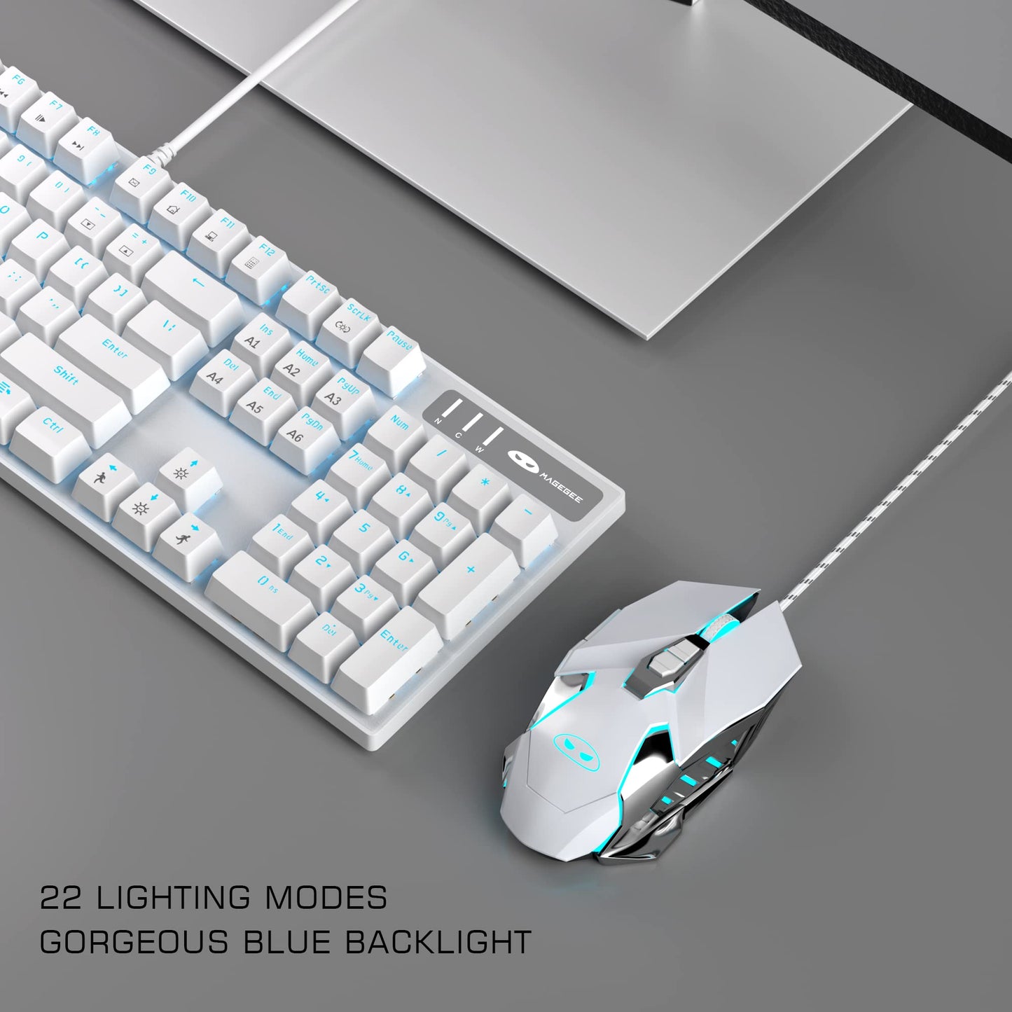 Mechanical Keyboard and Mouse, Wired Blue Backlit Mechanical Gaming Keyboard with Blue Switch, 104 Keys Anti-Ghosting Gaming Keyboard, 7-Color Breathing Backlit Gaming Mouse, White