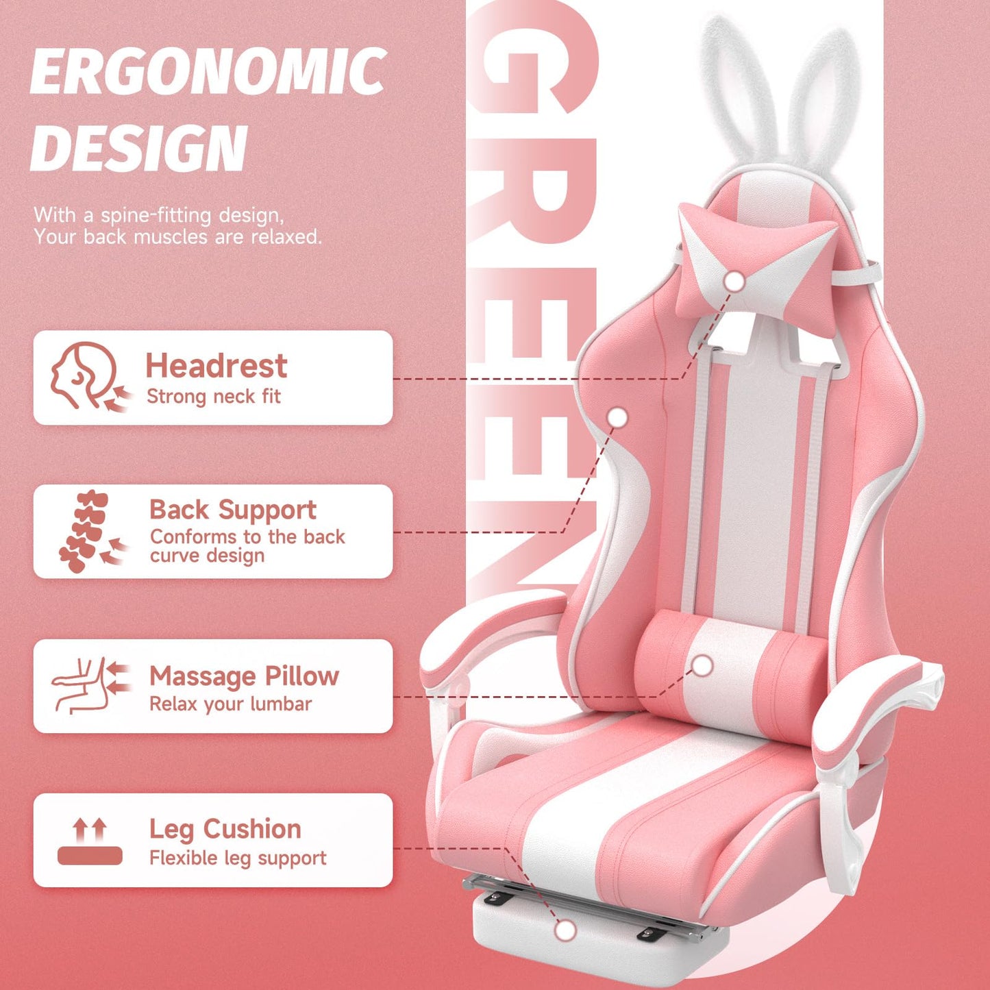 Ferghana Kawaii Pink Gaming Chair with Bunny Ears, Ergonomic Cute Gamer Chair with Footrest and Massage, Racing Reclining Home Computer Game Chair for Girls Adults Teens Kids