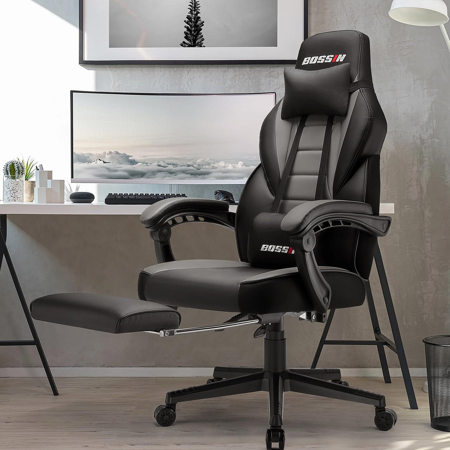 BOSSIN Gaming Chair with Massage, Ergonomic Heavy Duty Design with Footrest and Lumbar Support, Large Size Cushion High Back Office Chair, Big and Tall Gaming Computer Chair for Kids