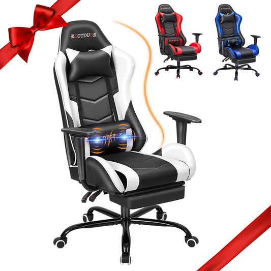 ECOTOUGE PC Massage Gaming Chair with Footrest Ergonomic Office Desk Chair Racing PU Leather Recliner Swivel Rocker with Headrest and Lumbar Pillow,White