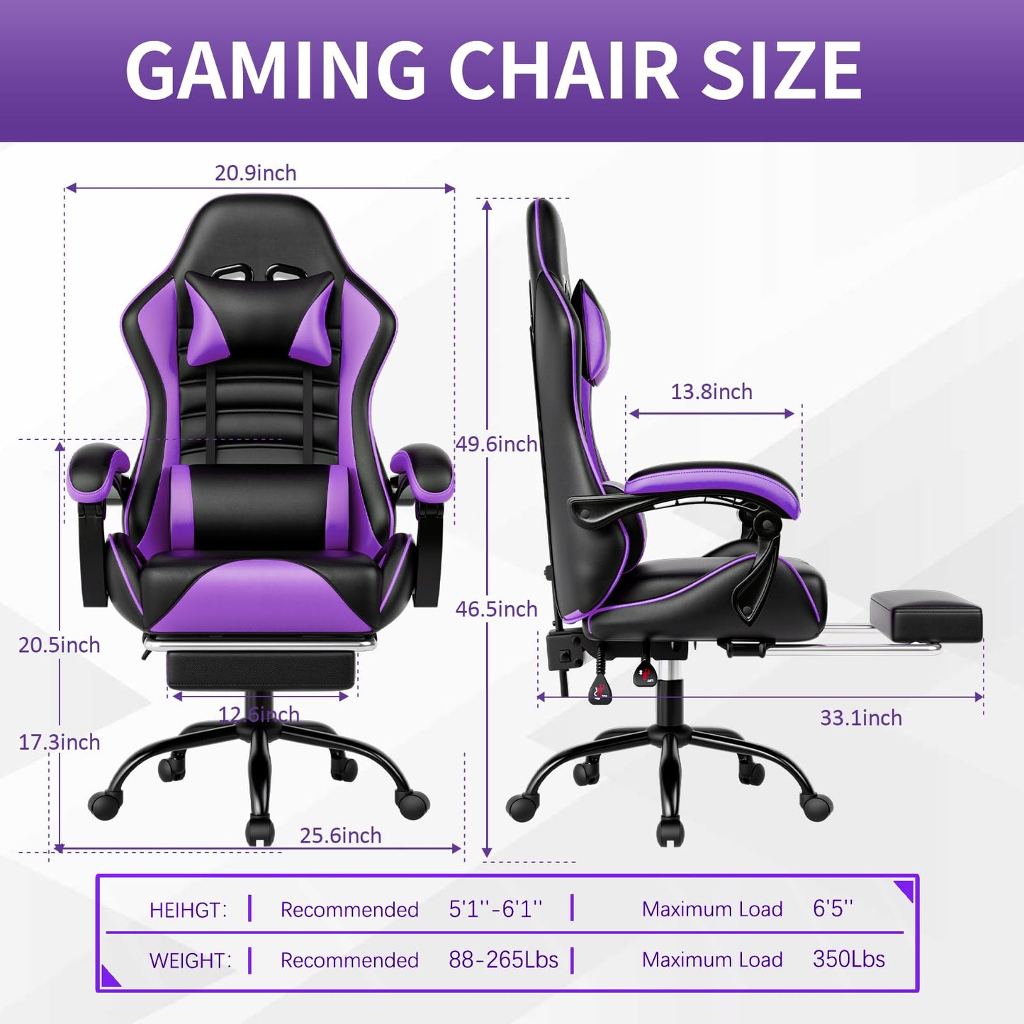 Gaming Chair, Computer Chair with Footrest and Lumbar Support, Ergonomic Video Game Chair with Headrest, Height Adjustable Gamer Chair Office Desk Chair, Purple