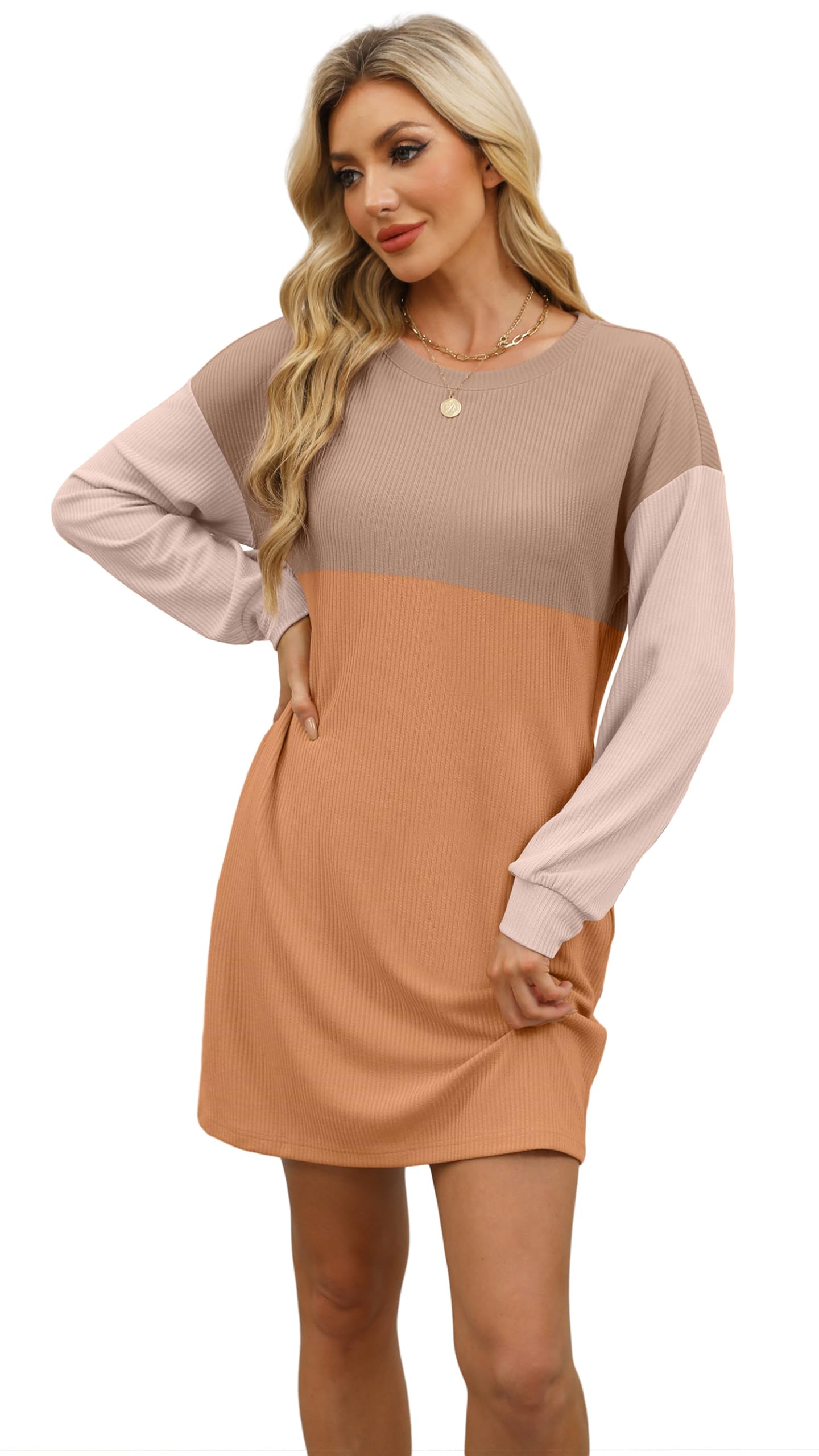 WIHOLL Orange Dresses for Women 2024 Casual Long Sleeve Flowy Mini Dresses with Pockets Crewneck Elegant Cute Fall Winter Homecoming Dresses Teacher Outfits Color Block M