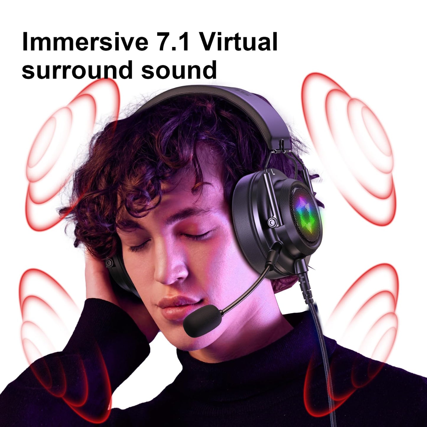 SUNGODCOME ES09 Foldable Gaming Headset - 7.1 Surround Sound, Detachable Noise Cancelling Mic, RGB Light, Memory Foam, for PC, Xbox, PS4/5, Switch, Console, Meeting & Music