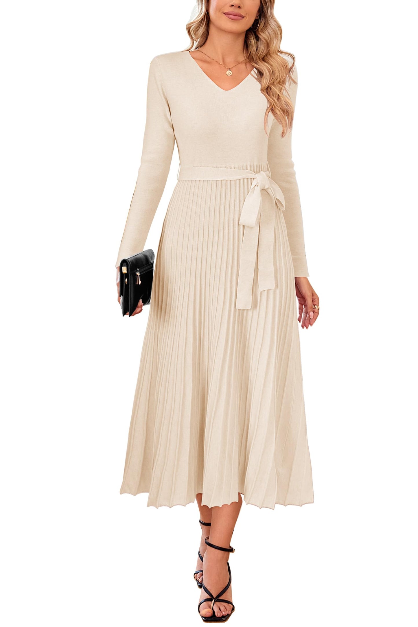 Arach&Cloz Fall Womens Sweater Dress 2024 Long Sleeve V Neck Cashmere Ribbed Knit Tie Waist Pleated A Line Pullover Fashion Belt Midi Clothes Apricot Cream Beige