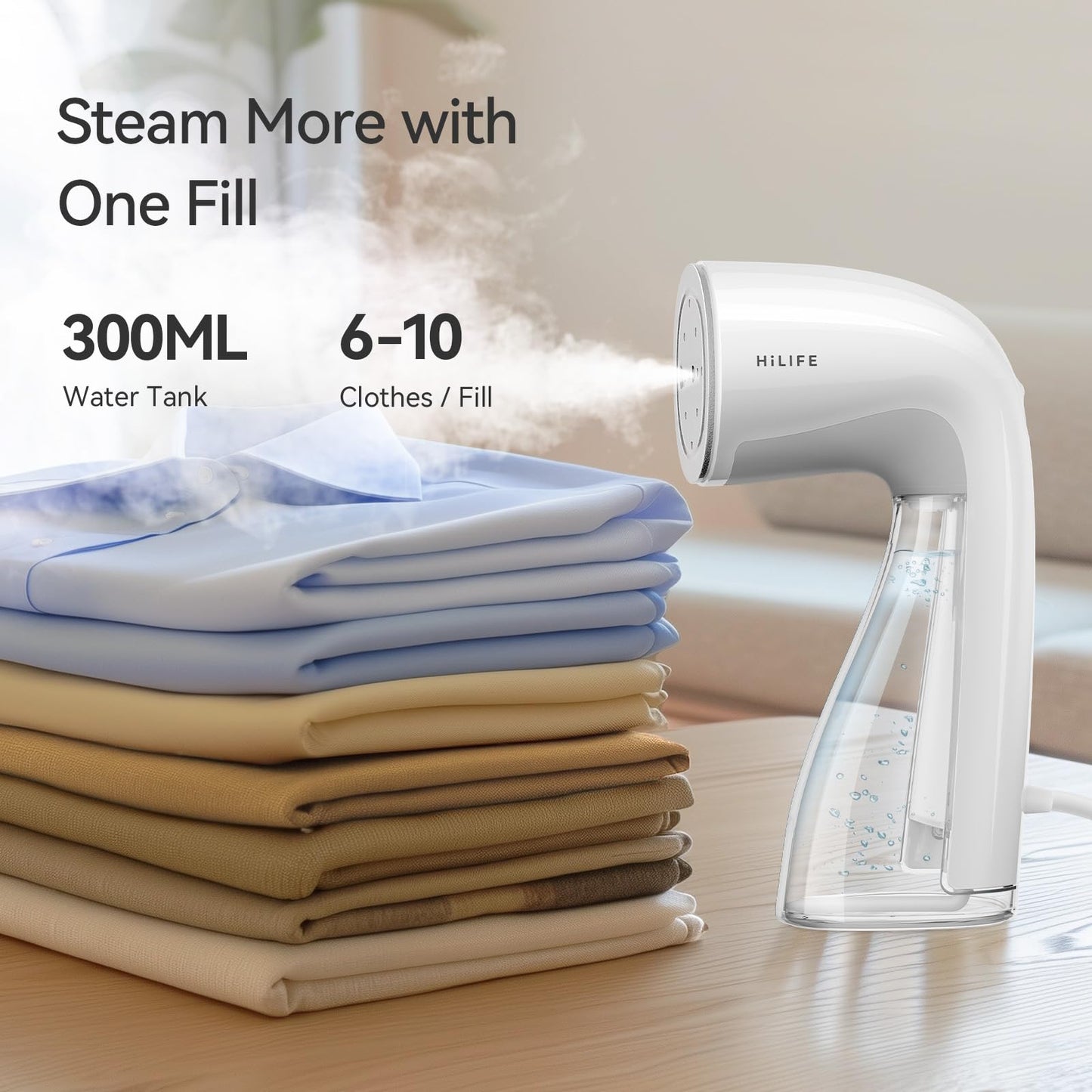 HiLIFE Steamer for Clothes, 1100W Clothes Steamer, Fast Wrinkle Removal with Large 300ml Tank, Ideal for All Fabrics, Easy to Use, Compact and Portable Travel Garment Steamer (white)