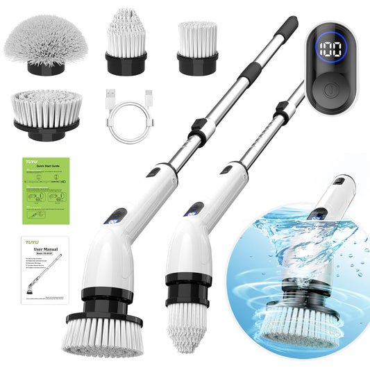 TUYU Electric Spin Scrubber, 2024 New Full-Body IPX7 Waterproof Bathroom Scrubber with Power LCD Display, Adjustable Extension Handle, Cordless Electric Cleaning Brush for Bathroom, Kitchen Cleaning