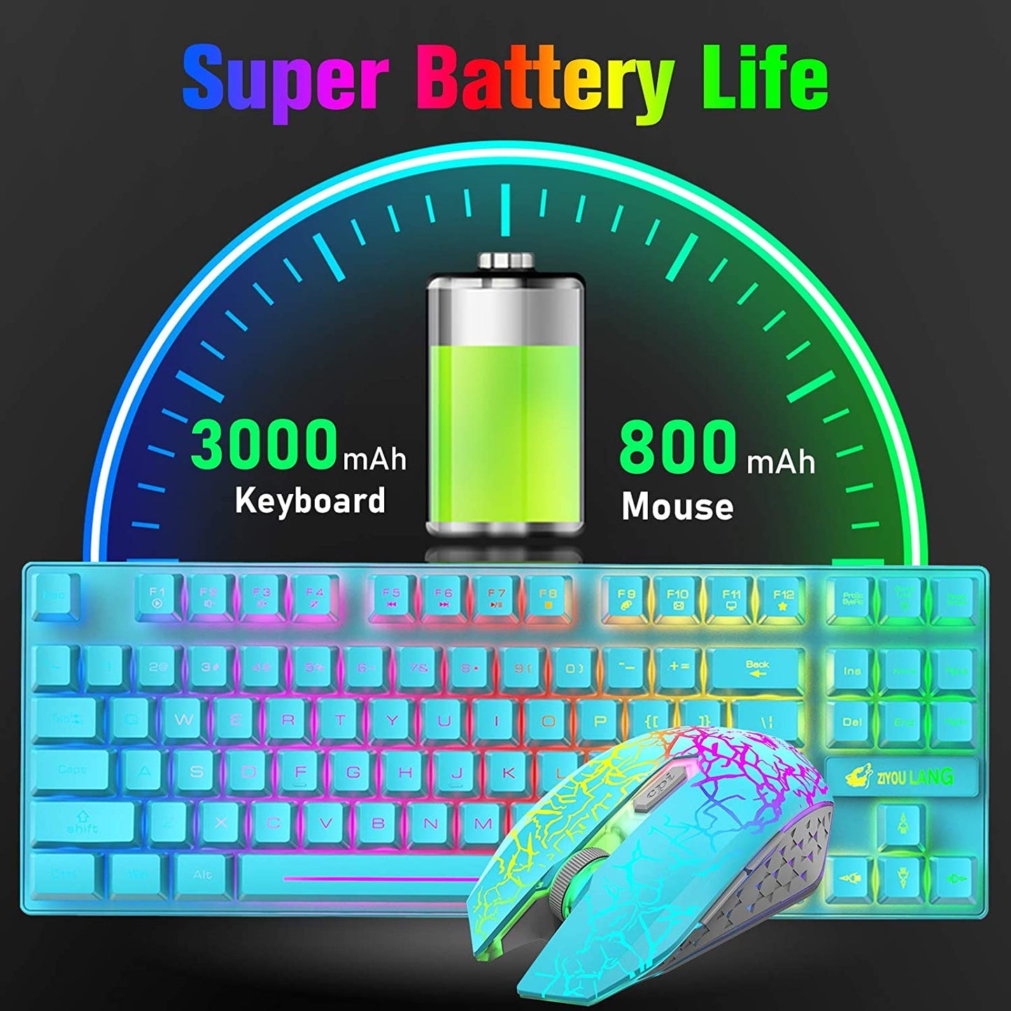 Wireless Gaming Keyboard Mouse Combo Detachable Wrist Rest, Rainbow Backlight Rechargeable 3800mAh Battery, 87-Key Mechanical Feel Keyboard, RGB Gaming Quiet Mouse & Mouse Pad for PC Gamers (Blue)