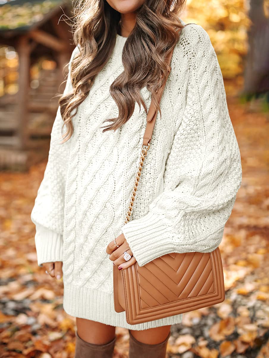 ANRABESS Women Long Sleeve Oversized Cable Knit Chunky Baggy Loose Pullover Tunic Mini Sweater Dress 2024 Trendy Fall Outfits White Large