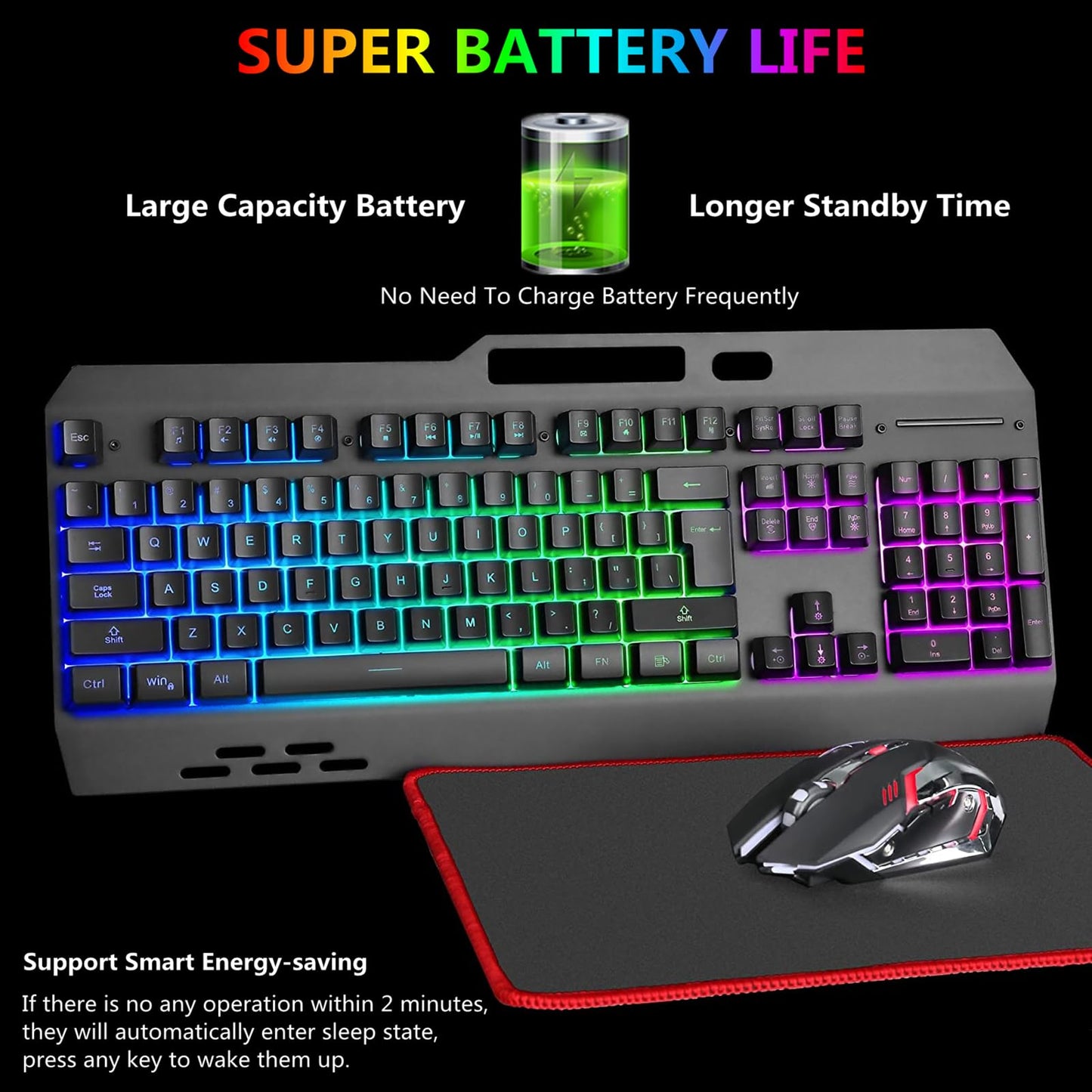 Wireless RGB Backlit Gaming Keyboard and Mouse, Rechargeable, Long Battery Life, Metal Panel Mechanical Feel Keyboard with Palm Rest, 7 Color Mouse and Mouse Pad for Game and Work