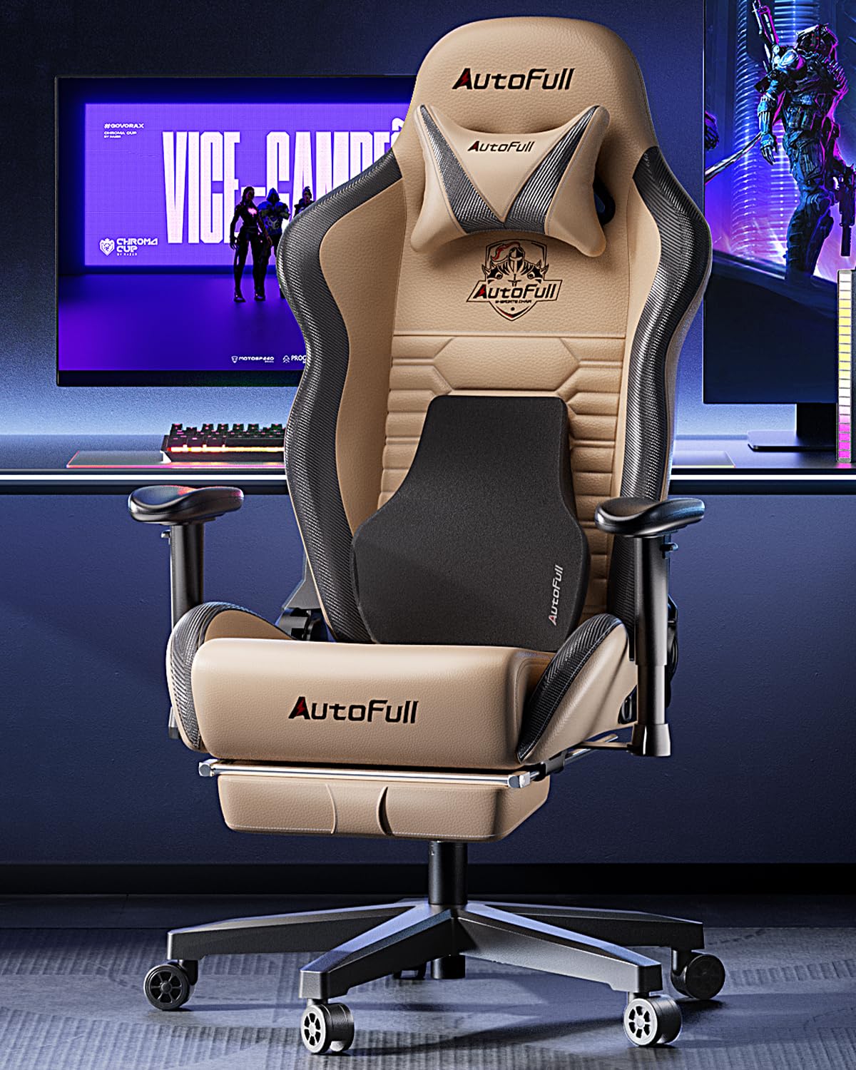 AutoFull Gaming Chair, Racing Style Gaming Chair with Ergonomic Lumbar Support,Adjustable High Back PU Leather PC Chair with Footrest,Brown