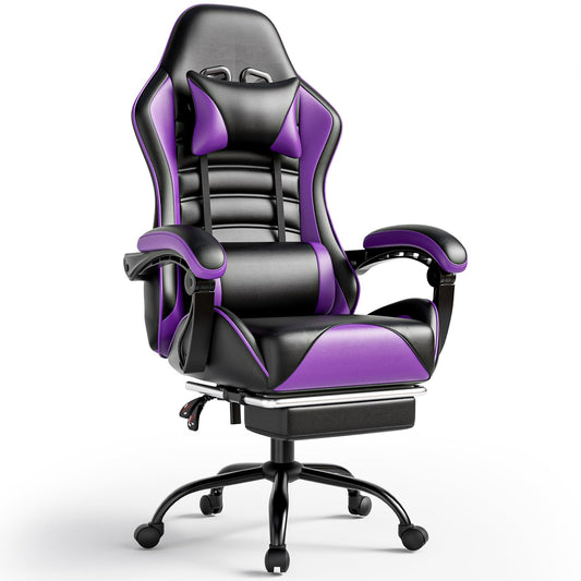 Gaming Chair, Computer Chair with Footrest and Lumbar Support, Ergonomic Video Game Chair with Headrest, Height Adjustable Gamer Chair Office Desk Chair, Purple