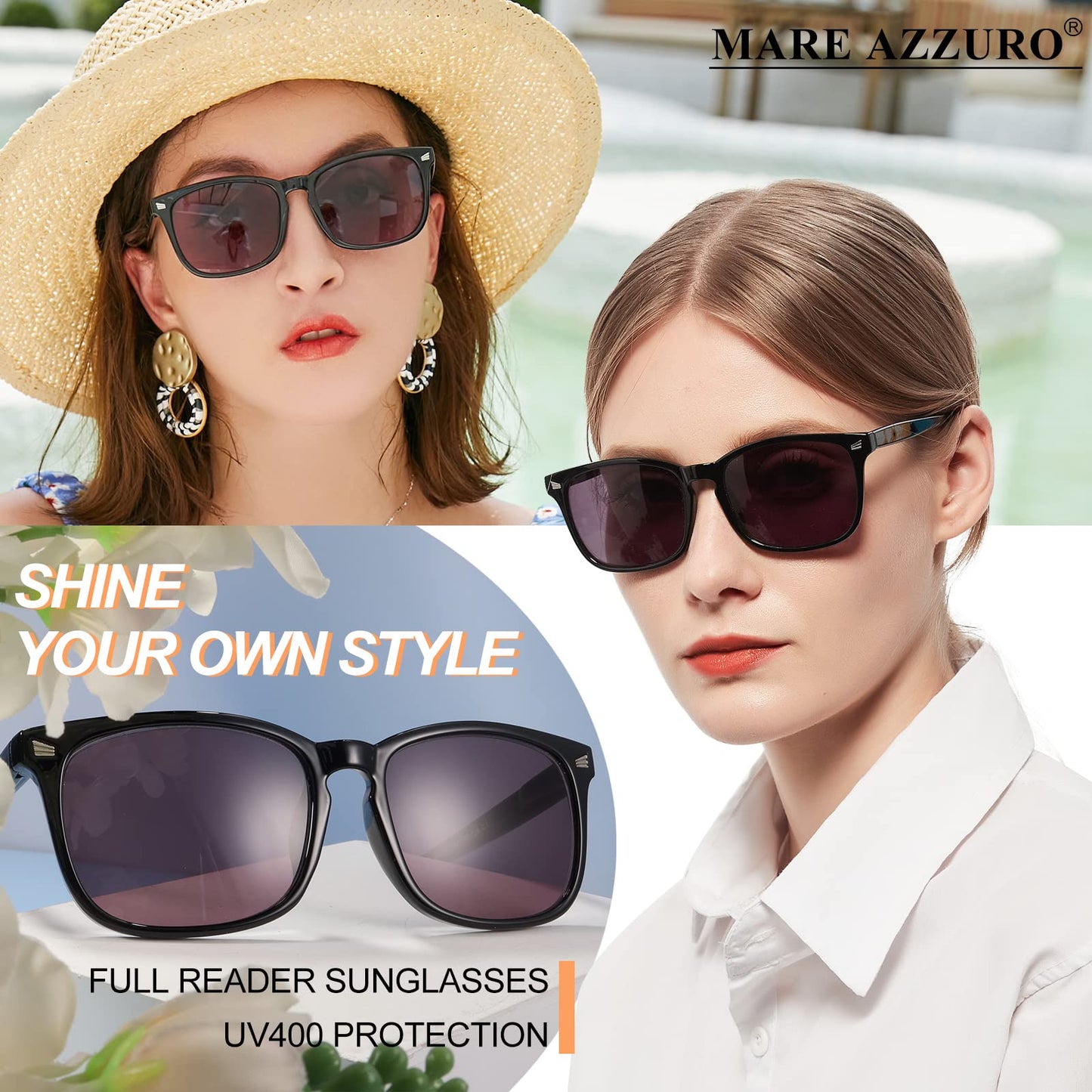 MARE AZZURO Sunglasses Readers for Women 50 75 100 125 150 175 200 225 250 275 300 325 350 375 400 (Black, 2.00)