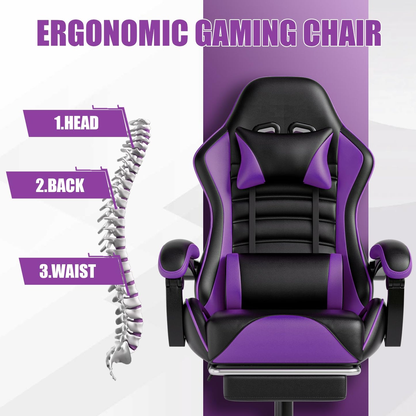 Gaming Chair, Computer Chair with Footrest and Lumbar Support, Ergonomic Video Game Chair with Headrest, Height Adjustable Gamer Chair Office Desk Chair, Purple