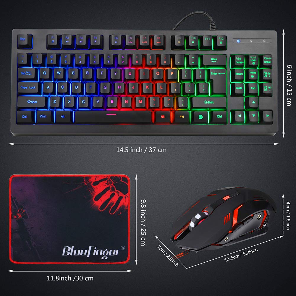 RGB 87 Keys Gaming Keyboard and Backlit Mouse Combo,BlueFinger USB Wired Rainbow Keyboard,Gaming Keyboard Set for Laptop PC Computer Game and Work