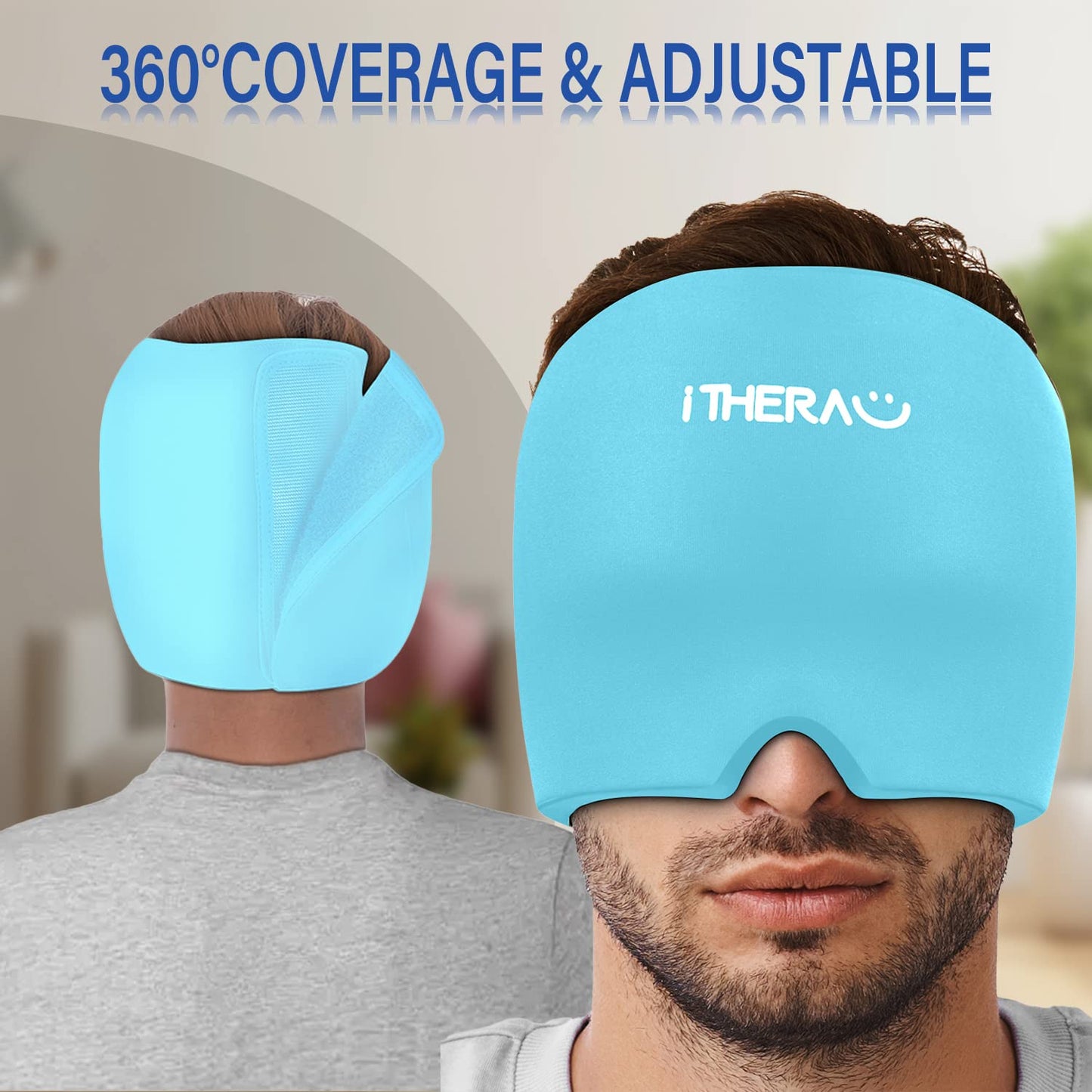 iTHERAU Migraine Ice Head Wrap-Headache Relief Hat, Migraine Relief Cap, Cold Therapy Headache Relief Cap for Migraine Eyes Mask Blue Headache Ice Pack for Puffy Eyes, Tension, Sinus & Stress Relief