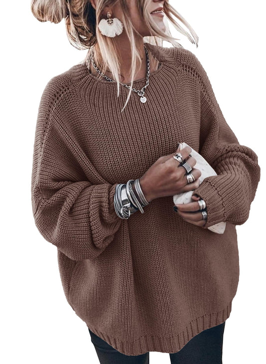 Womens Pullover Sweaters Oversized Mock Neck Batwing Sleeve Ribbed Knit Jumper Tops Coffee