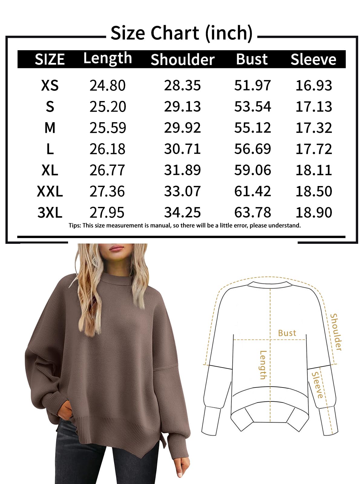 LILLUSORY Women's Oversized Batwing Sweaters 2024 Fall Outfits Crewneck Ribbed Knit Side Slit Trendy Pullover Tops Nutmeg XL