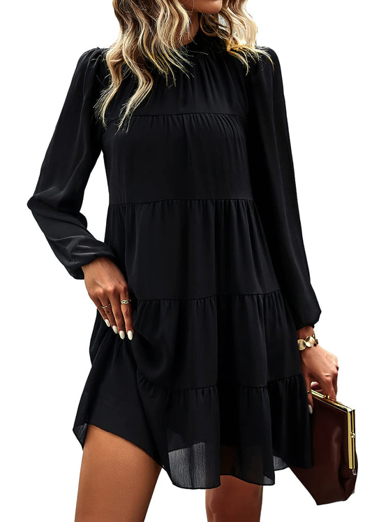 KIRUNDO Women's 2024 Summer Fall Long Sleeve Ruffle Mock Neck Tiered Mini Babydoll Dress Casual Flowy Swing Tunic Shift Dresses(Black, Medium)