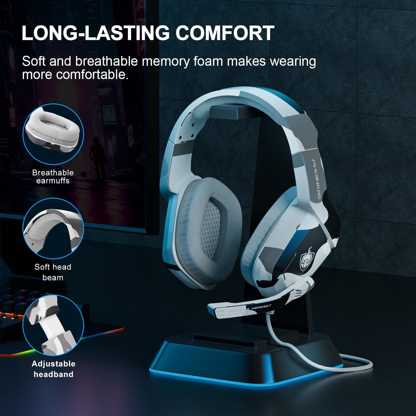 PHOINIKAS Gaming Headset for PS4, Xbox One, PC, Laptop, Mac, Nintendo Switch, 3.5MM PS4 Stereo Headset Over Ear Headphones with Noise-Cancelling Mic, Bass Surround - Camo