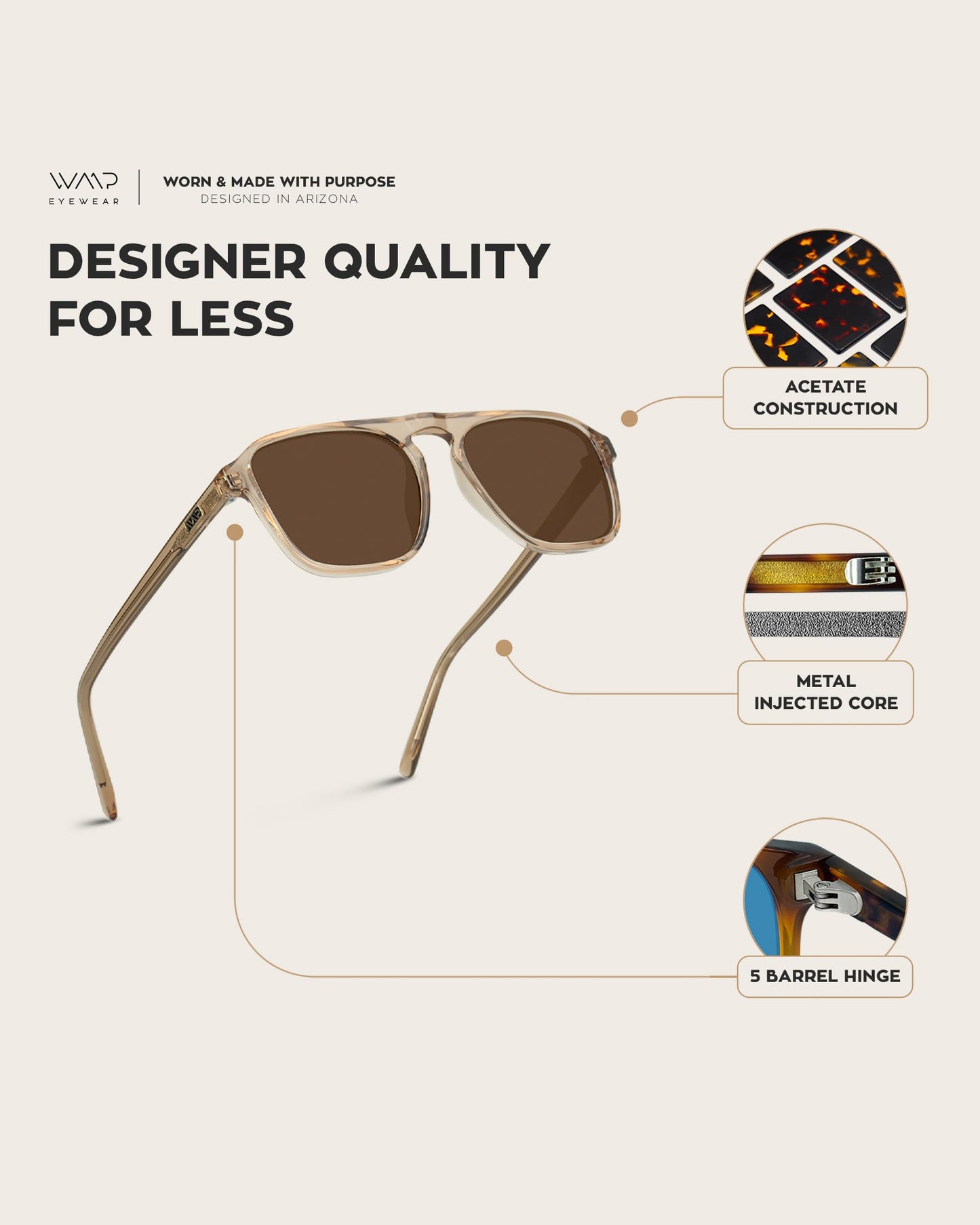 WearMe Pro Polarized Aviator One-Bridge Modern Square Mens Sunglasses (Crystal Brown/Brown Lens)