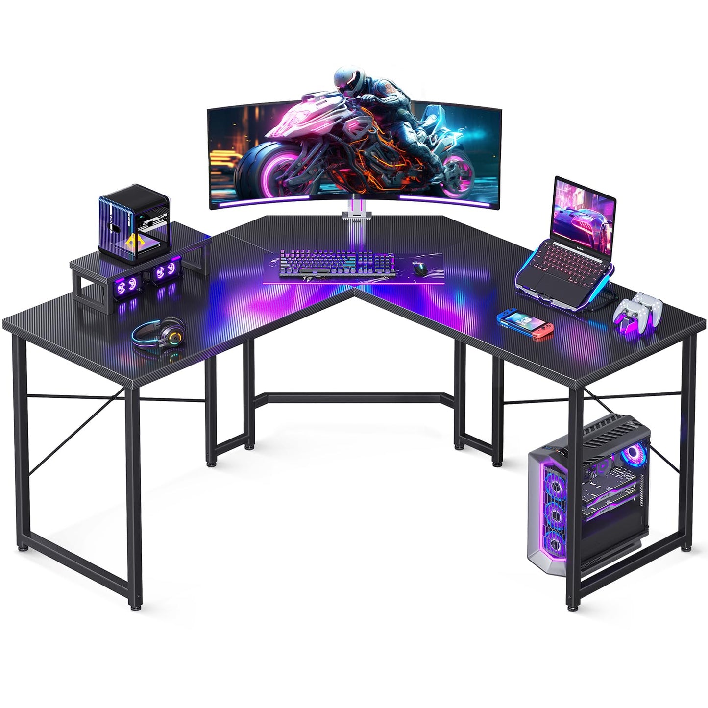 Casaottima L Shaped Gaming Desk with Monitor Stand, Corner Desk Gaming Table for Home Office, Computer Desk Sturdy Writing Workstation for Small Space, 51 inch, Carbon Fiber Surface, Black