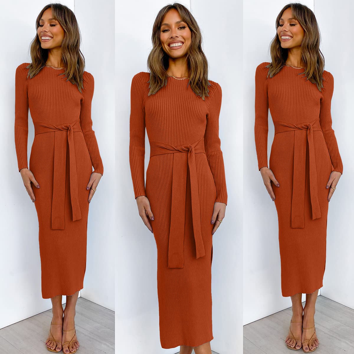 ANRABESS Womens Long Sleeve Sweater Dress Crew Neck Slim Fit Slit Tie Waist 2024 Ribbed Knit Bodycon Midi Dress Fall Outfits 623shenxiuhong-S Rust