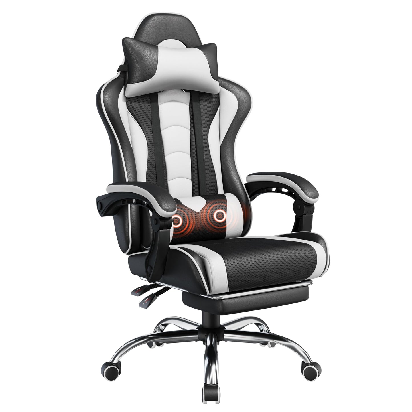 Yaheetech Gaming Chair, Video Game Chair with Massage Lumbar Support and Footrest Height Adjustable Ergonomic Computer Chair with Swivel Seat and Headrest, Black/White