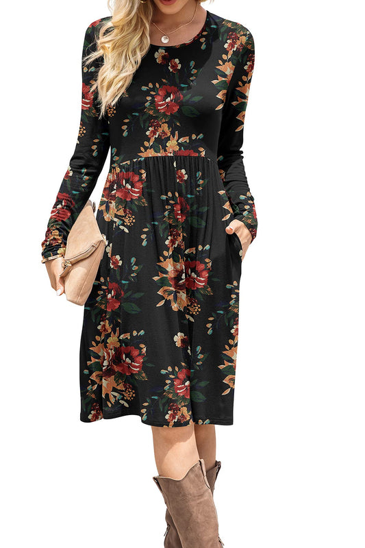 DB MOON Women Casual Long Sleeve Dresses Empire Waist Loose Dress with Pockets (Brown Floral Black, M)