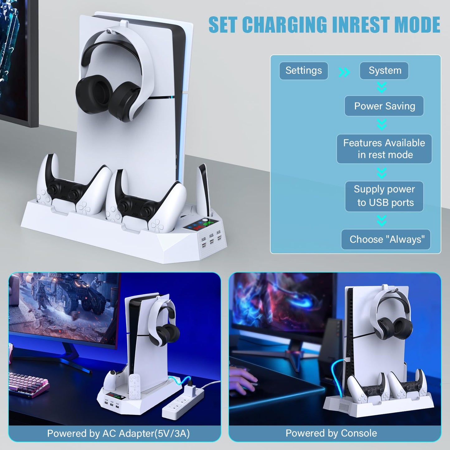 PS5 / PS5 Slim Stand and Cooling Station with Dual Controller Charging Station for PlayStation 5 Console, PS5 Accessories Incl. Controller Charger, Cooling Fan, Headset Holder, 3 USB Hub, Screw-White